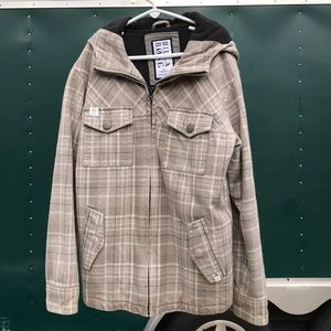 Tan, cream and grey plaid with hood